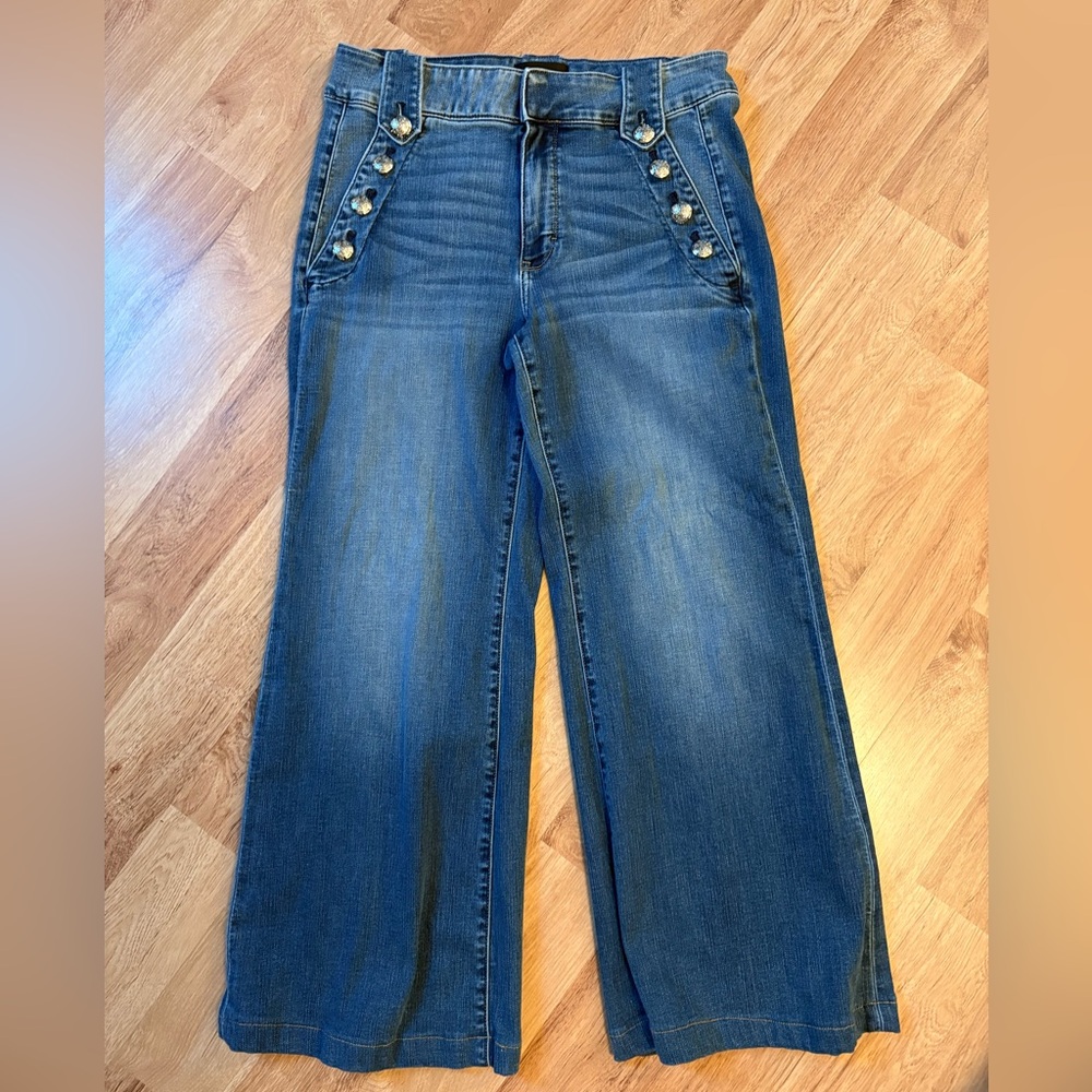 White House Black Market Blue Wide Leg Jeans with Button Detail